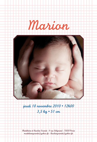 Faire-part de naissance Ecolier fille rouge finition Faire-part de naissance Ecolier fille rouge finition