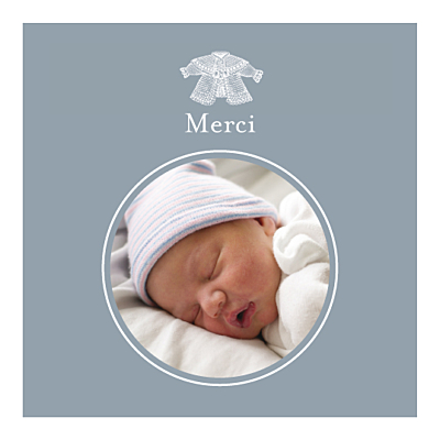 Carte de remerciement Petit cardigan garçon photo bleu finition Carte de remerciement Petit cardigan garçon photo bleu finition