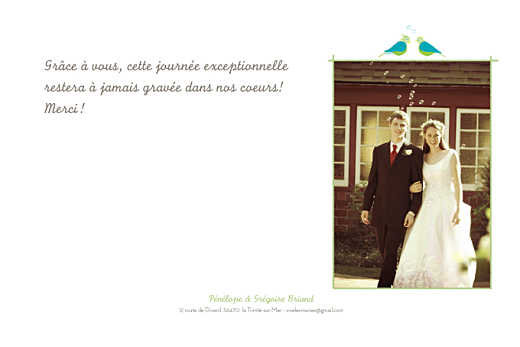 Carte de remerciement mariage Couple d'oiseaux vert - Page 1 Carte de remerciement mariage Couple d'oiseaux vert - Page 1