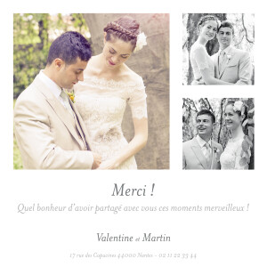 Carte de remerciement mariage Souvenir 3 photos blanc