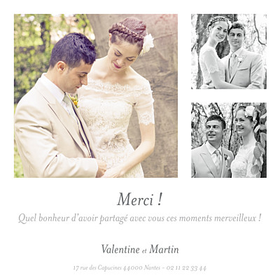 Carte de remerciement mariage Souvenir 3 photos blanc finition