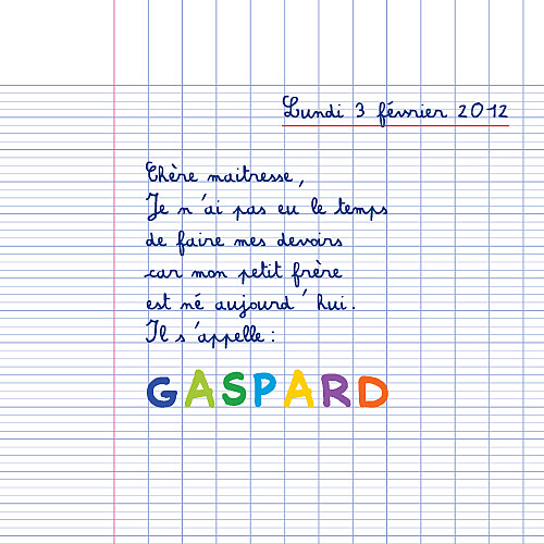 Faire-part de naissance Cahier d'écolier blanc Faire-part de naissance Cahier d'écolier blanc