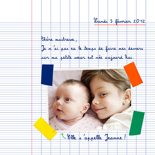 Faire-part de naissance Cahier d'écolier 2 photos blanc Faire-part de naissance Cahier d'écolier 2 photos blanc