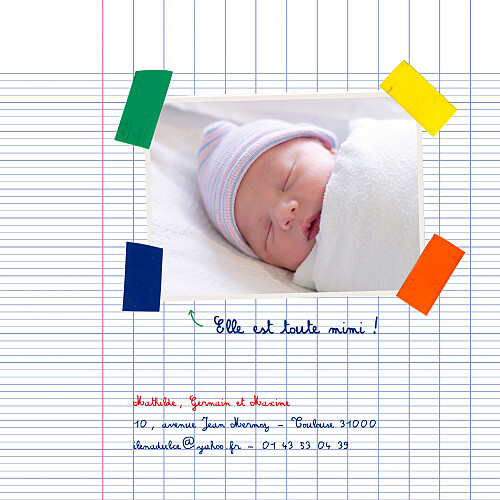 Faire-part de naissance Cahier d'écolier 2 photos blanc Faire-part de naissance Cahier d'écolier 2 photos blanc