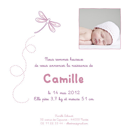 Faire-part de naissance Libellule prune - Page 1 Faire-part de naissance Libellule prune - Page 1