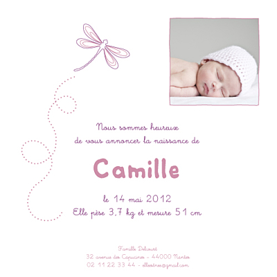 Faire-part de naissance Libellule prune finition Faire-part de naissance Libellule prune finition