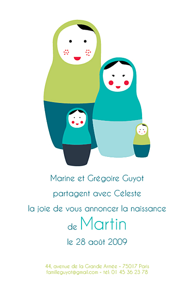 Faire-part de naissance 4 poupées russes chic turquoise finition Faire-part de naissance 4 poupées russes chic turquoise finition