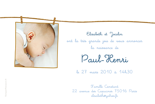 Faire-part de naissance Fil à linge garçon photo rv bleu Faire-part de naissance Fil à linge garçon photo rv bleu