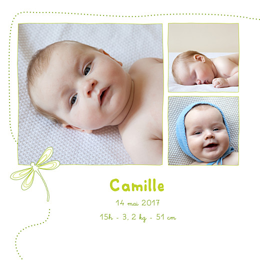 Faire-part de naissance Libellule 4 photos vert clair Faire-part de naissance Libellule 4 photos vert clair