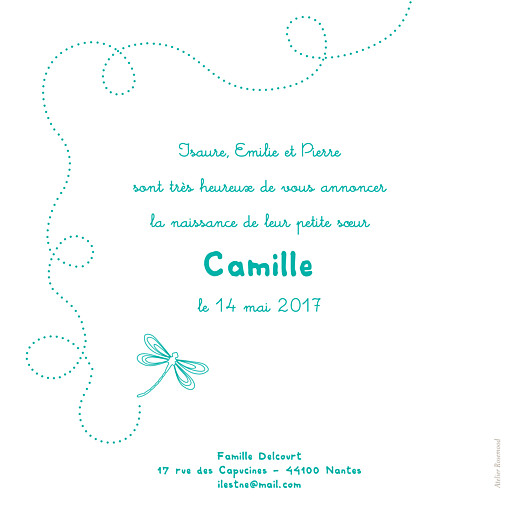 Faire-part de naissance Libellule 3 photos bleu vert - Page 2 Faire-part de naissance Libellule 3 photos bleu vert - Page 2