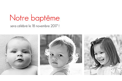 Faire-part de baptême Contemporain 3 photos blanc finition Faire-part de baptême Contemporain 3 photos blanc finition