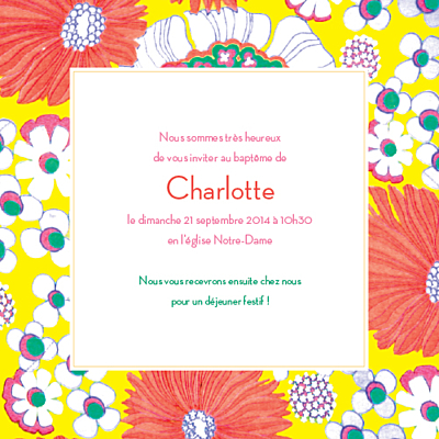 Faire-part de baptême Flower power corail finition Faire-part de baptême Flower power corail finition