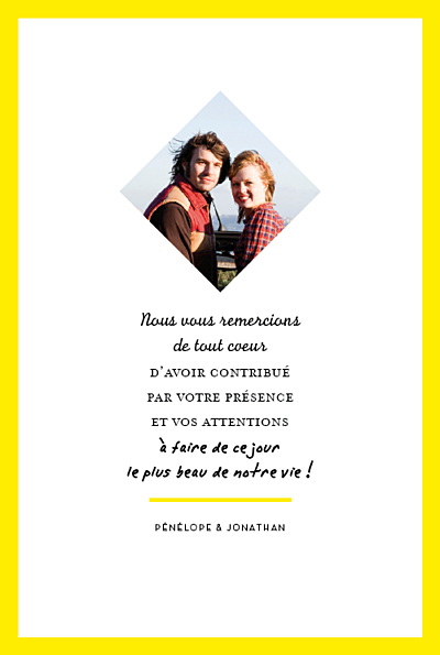 Carte de remerciement mariage Un grand oui ! (recto seul) jaune finition Carte de remerciement mariage Un grand oui ! (recto seul) jaune finition