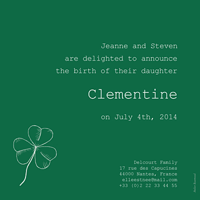 Faire-part de naissance Bilingue irlande-france gris vert finition Faire-part de naissance Bilingue irlande-france gris vert finition