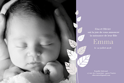 Faire-part de naissance Elegance violet finition Faire-part de naissance Elegance violet finition