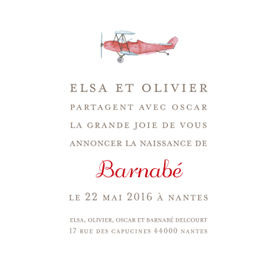 Faire-part de naissance Avion photo blanc & rouge finition Faire-part de naissance Avion photo blanc & rouge finition