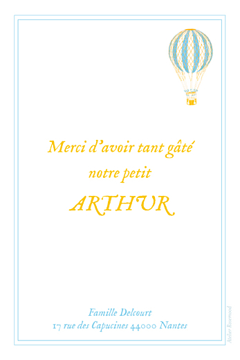 Carte de remerciement Petite Montgolfière photo bleu jaune - Verso