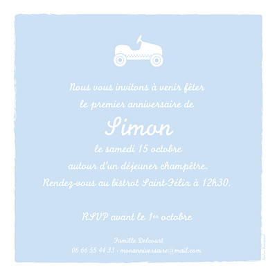 Carte d'anniversaire Petite voiture photo bleu ciel finition Carte d'anniversaire Petite voiture photo bleu ciel finition