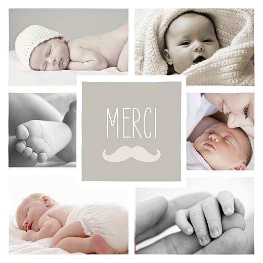 Carte de remerciement Moustache 6 photos taupe - Recto Carte de remerciement Moustache 6 photos taupe - Recto