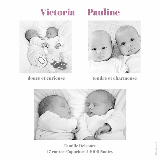 Faire-part de naissance Jumeaux 4 photos blanc - Verso