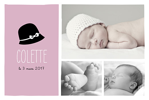 Faire-part de naissance Coquette paysage 3 photos rose Faire-part de naissance Coquette paysage 3 photos rose