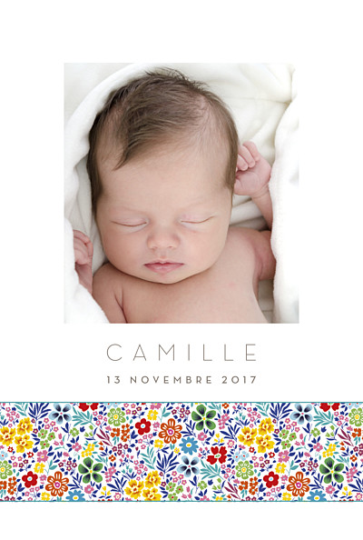 Faire-part de naissance Ruban mille fleurs photo jaune & rouge finition Faire-part de naissance Ruban mille fleurs photo jaune & rouge finition