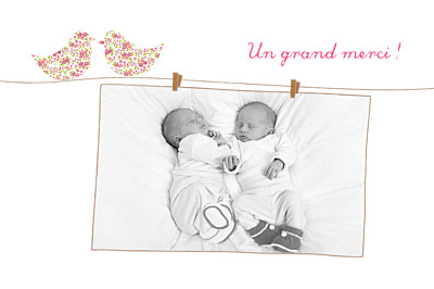 Carte de remerciement Merci poétique jumeaux rose finition Carte de remerciement Merci poétique jumeaux rose finition