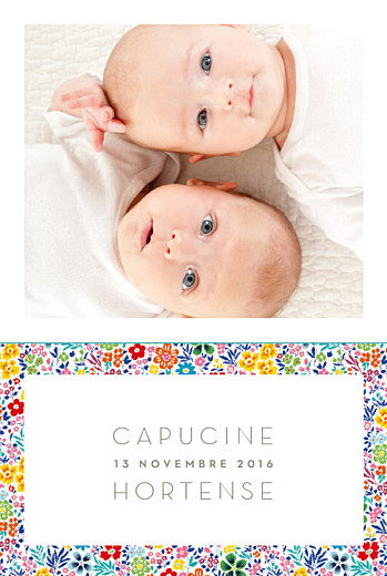 Faire-part de naissance Jumeaux mille fleurs jaune & rouge Faire-part de naissance Jumeaux mille fleurs jaune & rouge