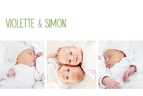 Faire-part de naissance Jumeaux 3 photos blanc - Recto