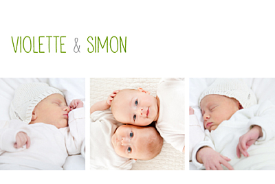 Faire-part de naissance Jumeaux 3 photos blanc finition Faire-part de naissance Jumeaux 3 photos blanc finition