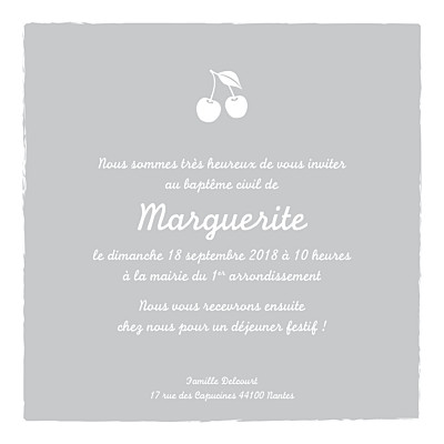 Faire-part de baptême Cerises photo gris finition Faire-part de baptême Cerises photo gris finition