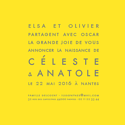 Faire-part de naissance Jumeaux justifié photo jaune finition Faire-part de naissance Jumeaux justifié photo jaune finition
