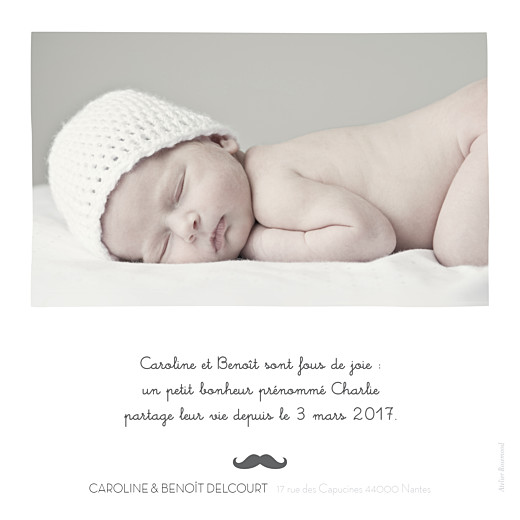 Faire-part de naissance Moustache 1 photo gris - Verso