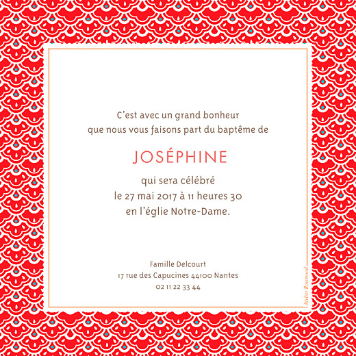 Faire-part de baptême Pattern écusson rouge - Verso Faire-part de baptême Pattern écusson rouge - Verso