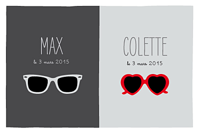 Faire-part de naissance Jumeaux lunettes gris & rouge finition Faire-part de naissance Jumeaux lunettes gris & rouge finition