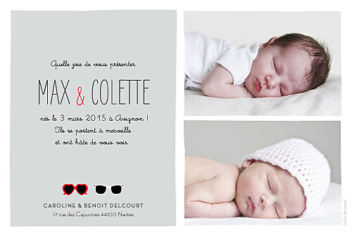 Faire-part de naissance Jumeaux lunettes gris & rouge Faire-part de naissance Jumeaux lunettes gris & rouge