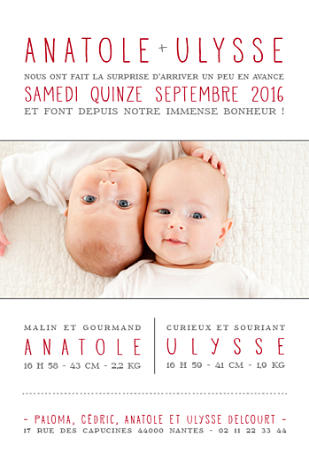 Faire-part de naissance À la une ! jumeaux blanc Faire-part de naissance À la une ! jumeaux blanc