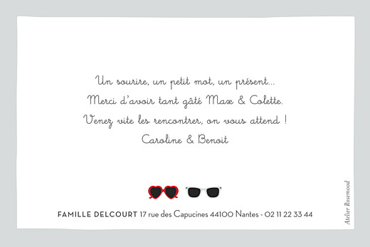 Carte de remerciement Merci jumeaux lunettes gris & rouge - Verso Carte de remerciement Merci jumeaux lunettes gris & rouge - Verso