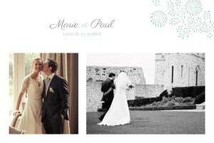 Carte de remerciement mariage Idylle 2 photos vert d\'eau Carte de remerciement mariage Idylle 2 photos vert d\'eau