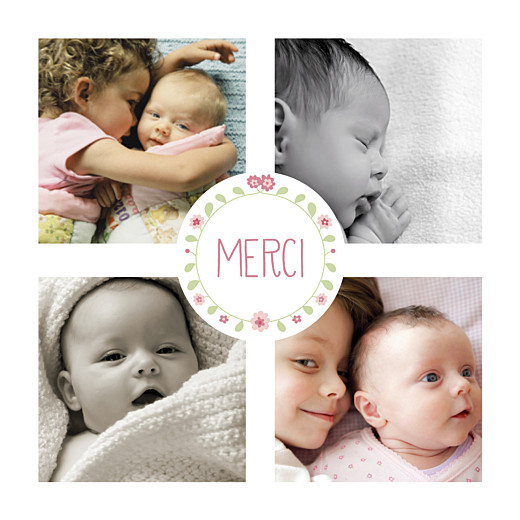 Carte de remerciement Folk (4 photos) rose - Recto Carte de remerciement Folk (4 photos) rose - Recto