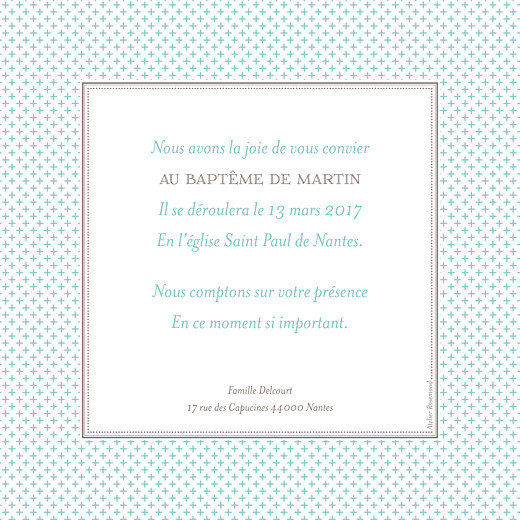 Faire-part de baptême Motif chic écusson turquoise - Verso