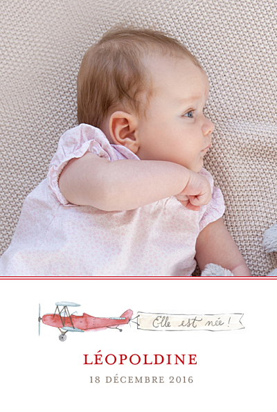 Faire-part de naissance Avion (version fille) rouge finition Faire-part de naissance Avion (version fille) rouge finition