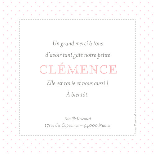 Carte de remerciement Merci pois chics photo rose - Verso Carte de remerciement Merci pois chics photo rose - Verso