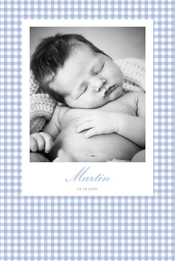 Faire-part de naissance Vichy photo portrait bleu Faire-part de naissance Vichy photo portrait bleu