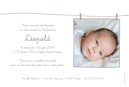 Faire-part de baptême Linge peluche photo taupe - Verso Faire-part de baptême Linge peluche photo taupe - Verso