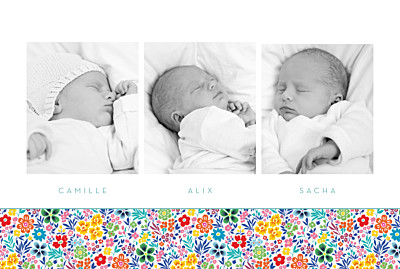 Faire-part de naissance Mille fleurs triplés (3 photos) jaune et rouge finition Faire-part de naissance Mille fleurs triplés (3 photos) jaune et rouge finition