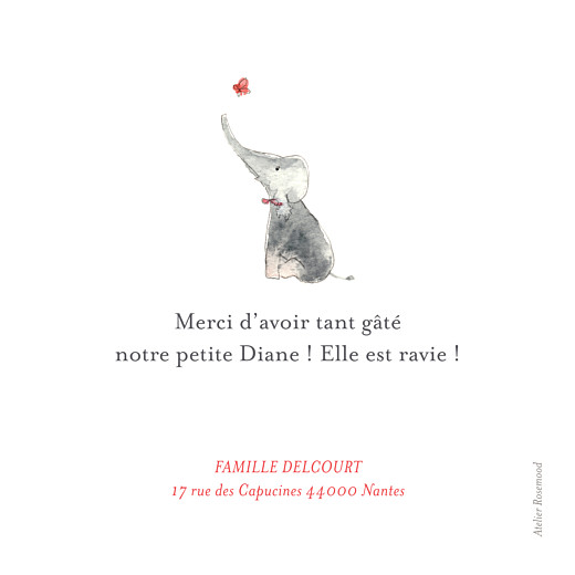 Carte de remerciement Un petit amour d\’éléphant photo corail - Recto Carte de remerciement Un petit amour d\’éléphant photo corail - Recto