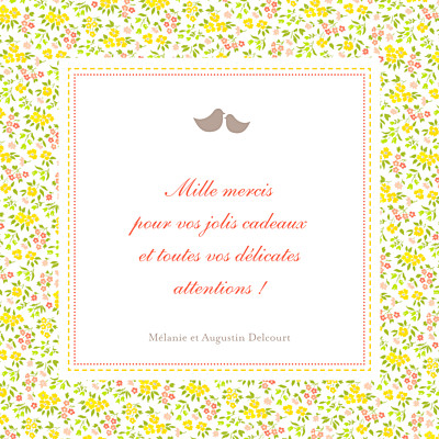 Carte de remerciement Merci liberty jaune & corail finition Carte de remerciement Merci liberty jaune & corail finition
