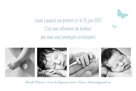 Faire-part de naissance Papillons 5 photos turquoise - Page 2 Faire-part de naissance Papillons 5 photos turquoise - Page 2