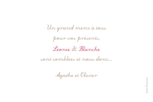 Carte de remerciement Merci linge liberty jumelles rose - Verso Carte de remerciement Merci linge liberty jumelles rose - Verso